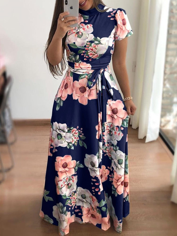 Vestido bohemio de cuello alto con cinturón para mujer