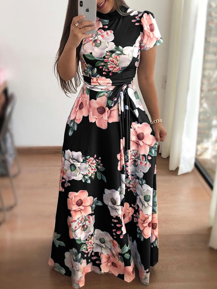 Vestido bohemio de cuello alto con cinturón para mujer