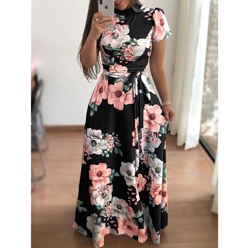 Vestido bohemio de cuello alto con cinturón para mujer