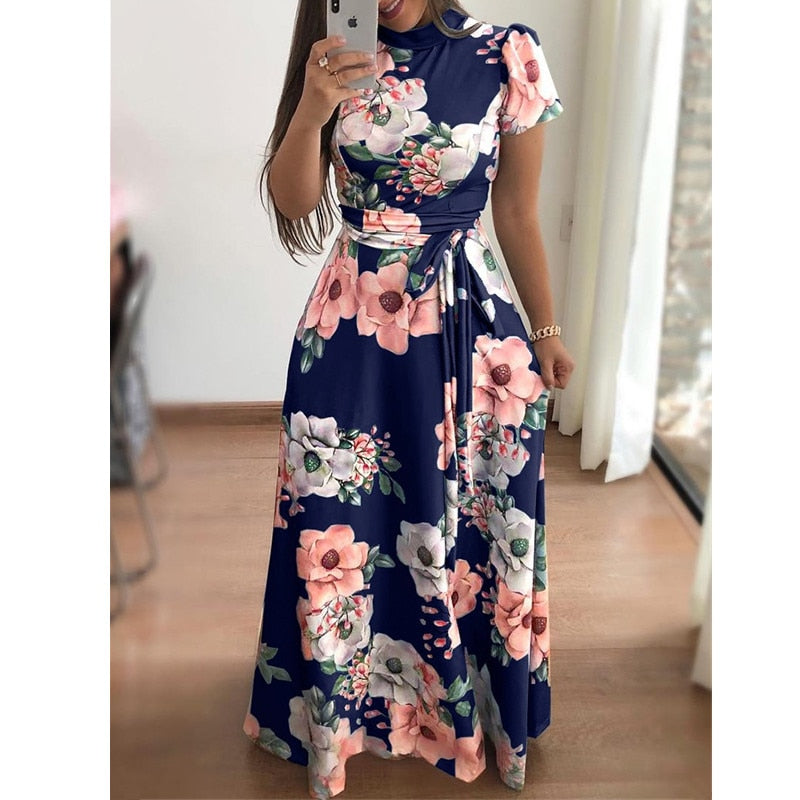 Vestido bohemio de cuello alto con cinturón para mujer