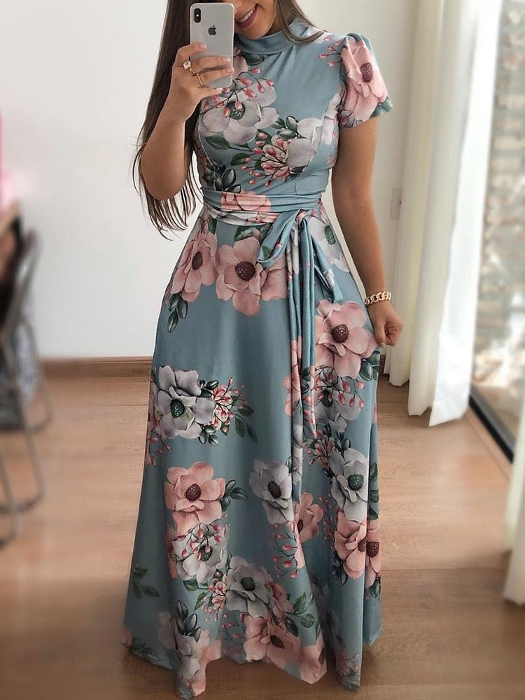 Vestido bohemio de cuello alto con cinturón para mujer