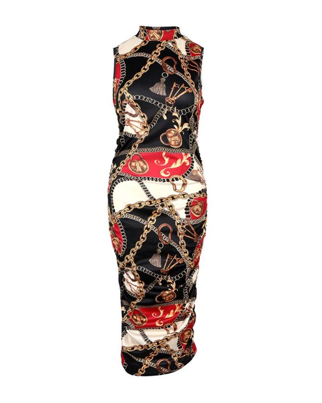 Vestido Midi informal fruncido para mujer, traje con estampado de bufanda y cadena