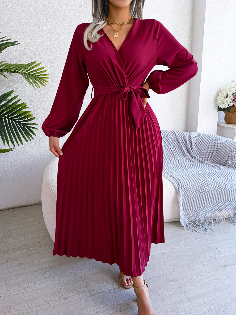Vestido largo plisado para mujer, prenda con cuello en V cruzado