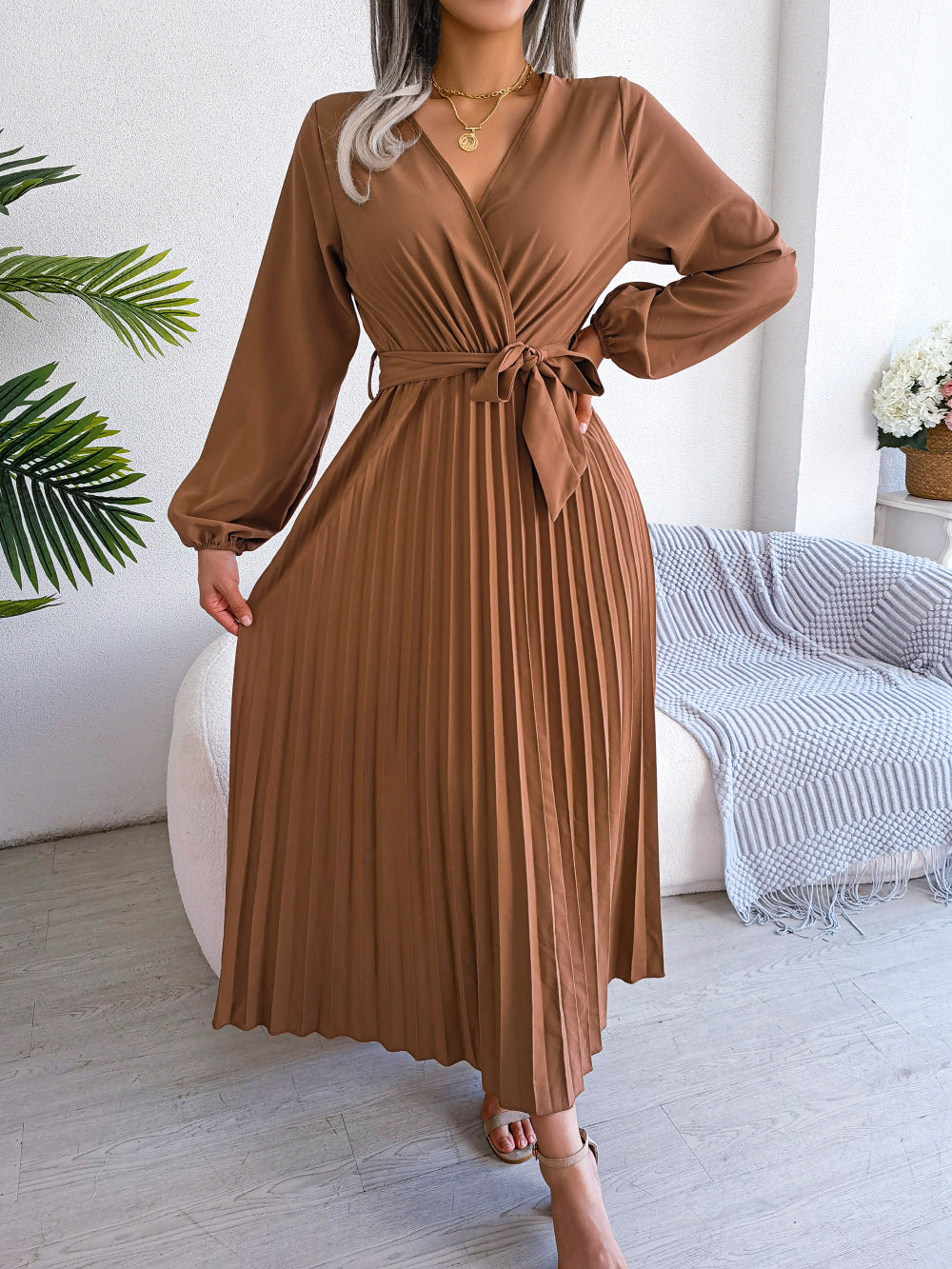 Vestido largo plisado para mujer, prenda con cuello en V cruzado