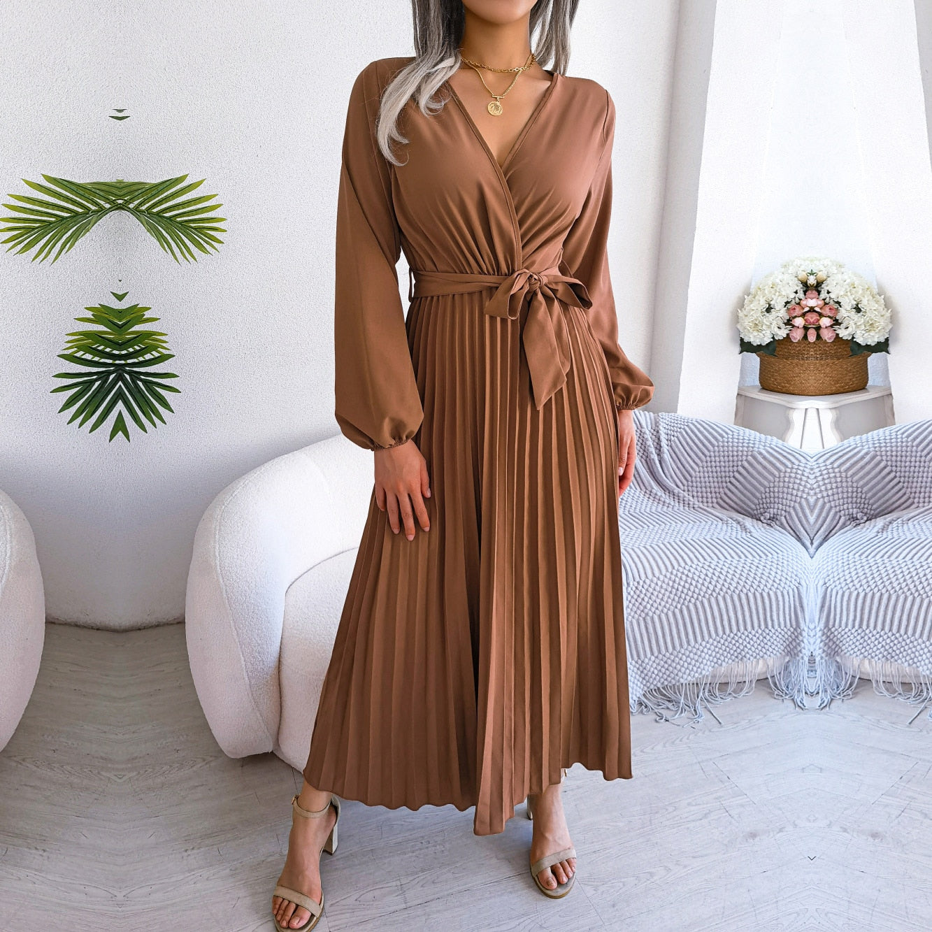 Vestido largo plisado para mujer, prenda con cuello en V cruzado
