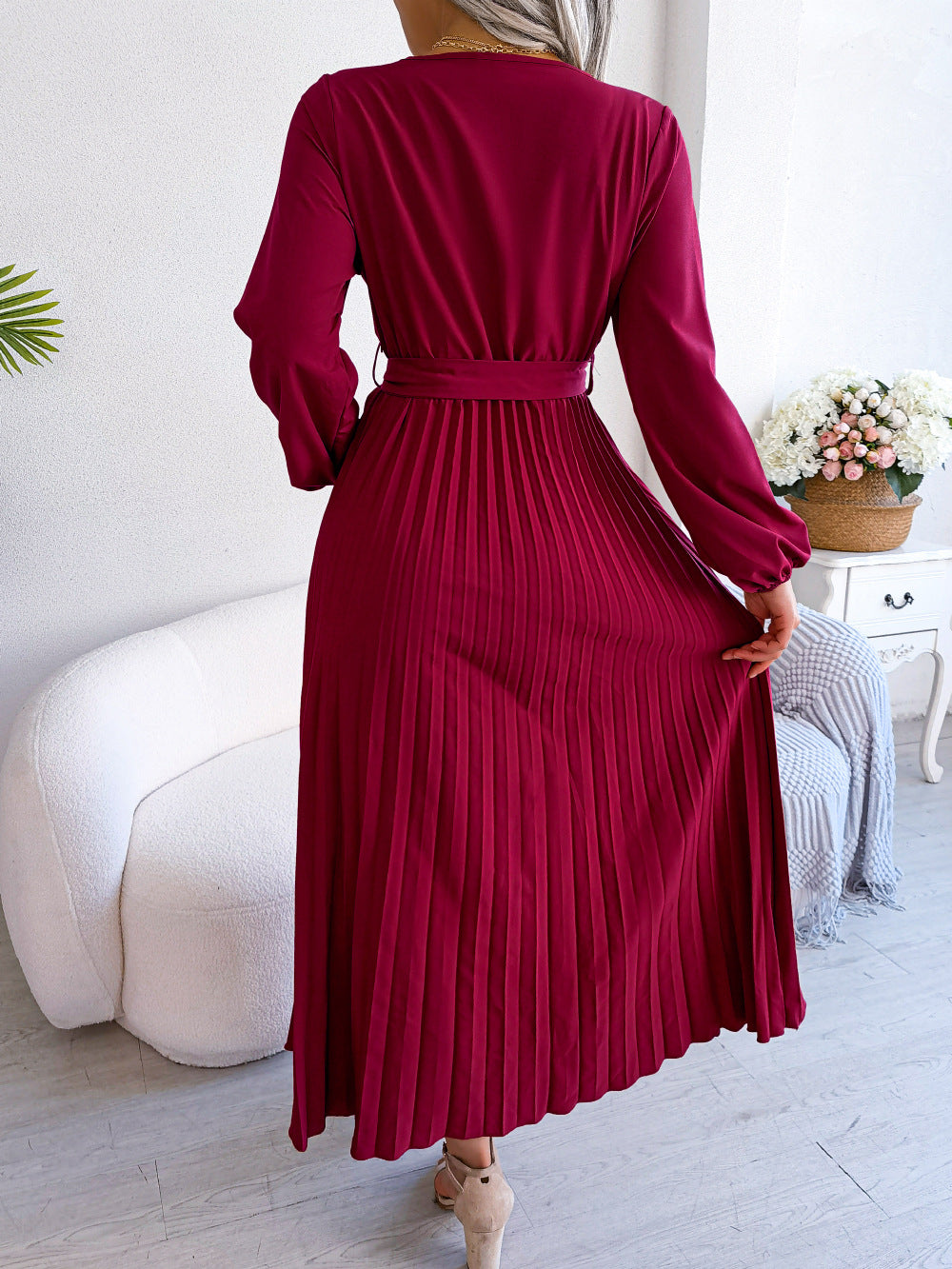 Vestido largo plisado para mujer, prenda con cuello en V cruzado