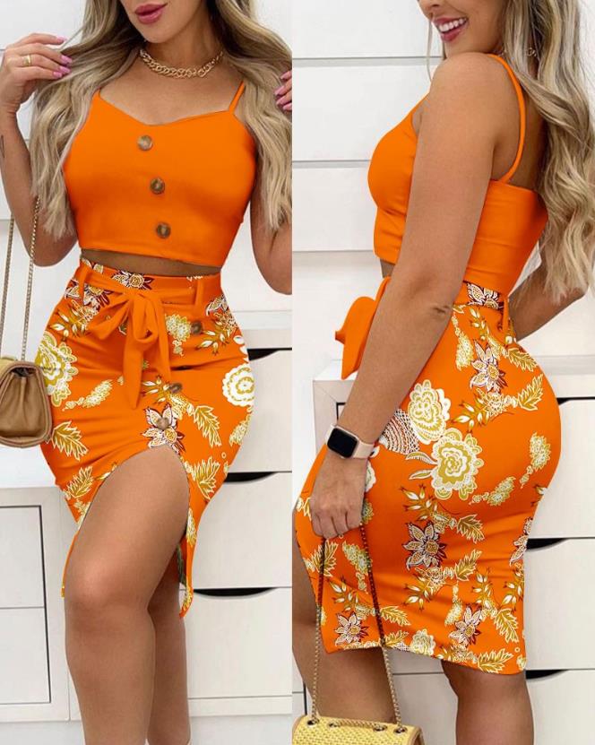 conjunto de dos piezas para mujer, Top corto sin mangas y falda dividida