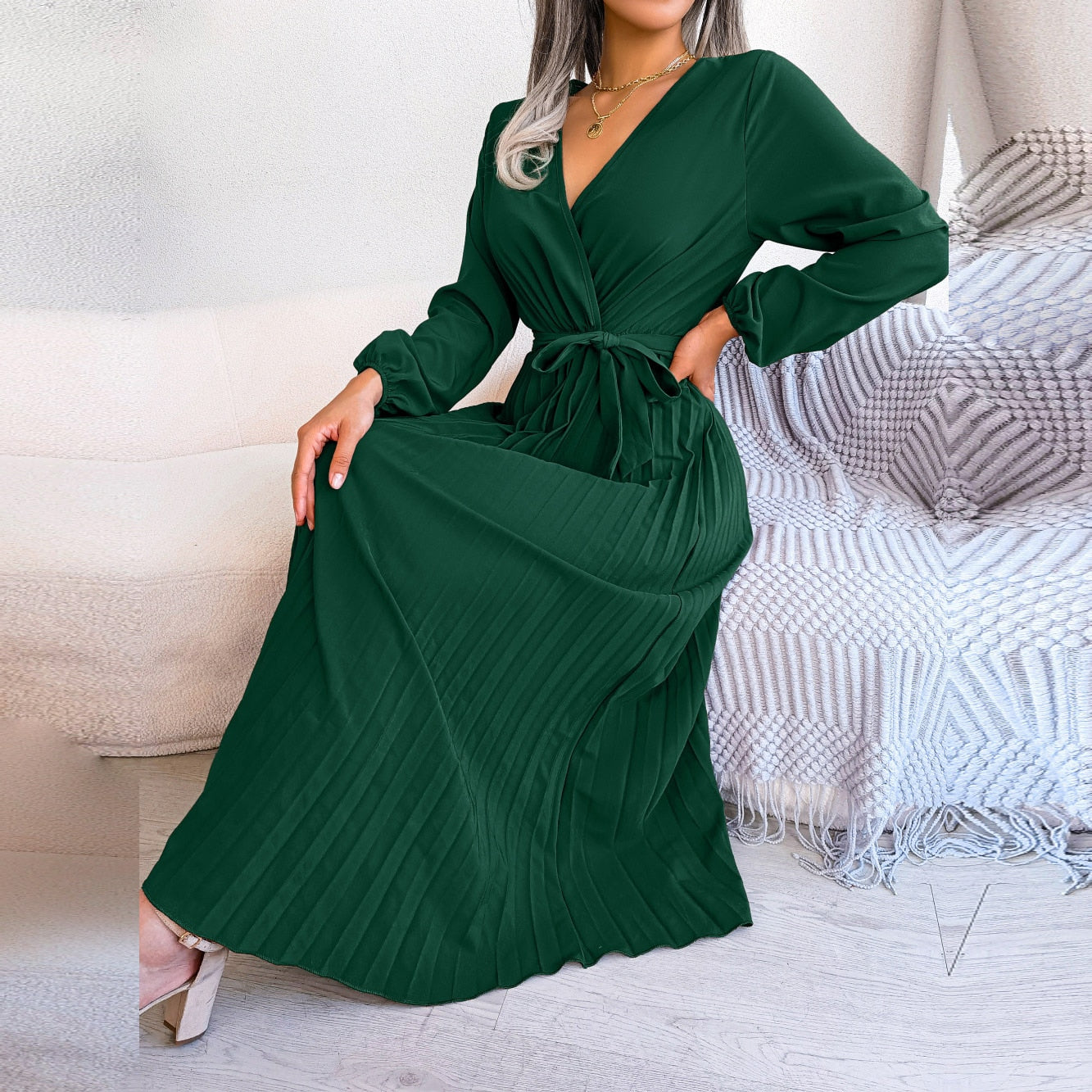 Vestido largo plisado para mujer, prenda con cuello en V cruzado