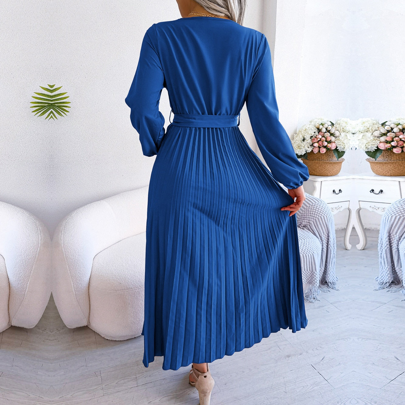 Vestido largo plisado para mujer, prenda con cuello en V cruzado