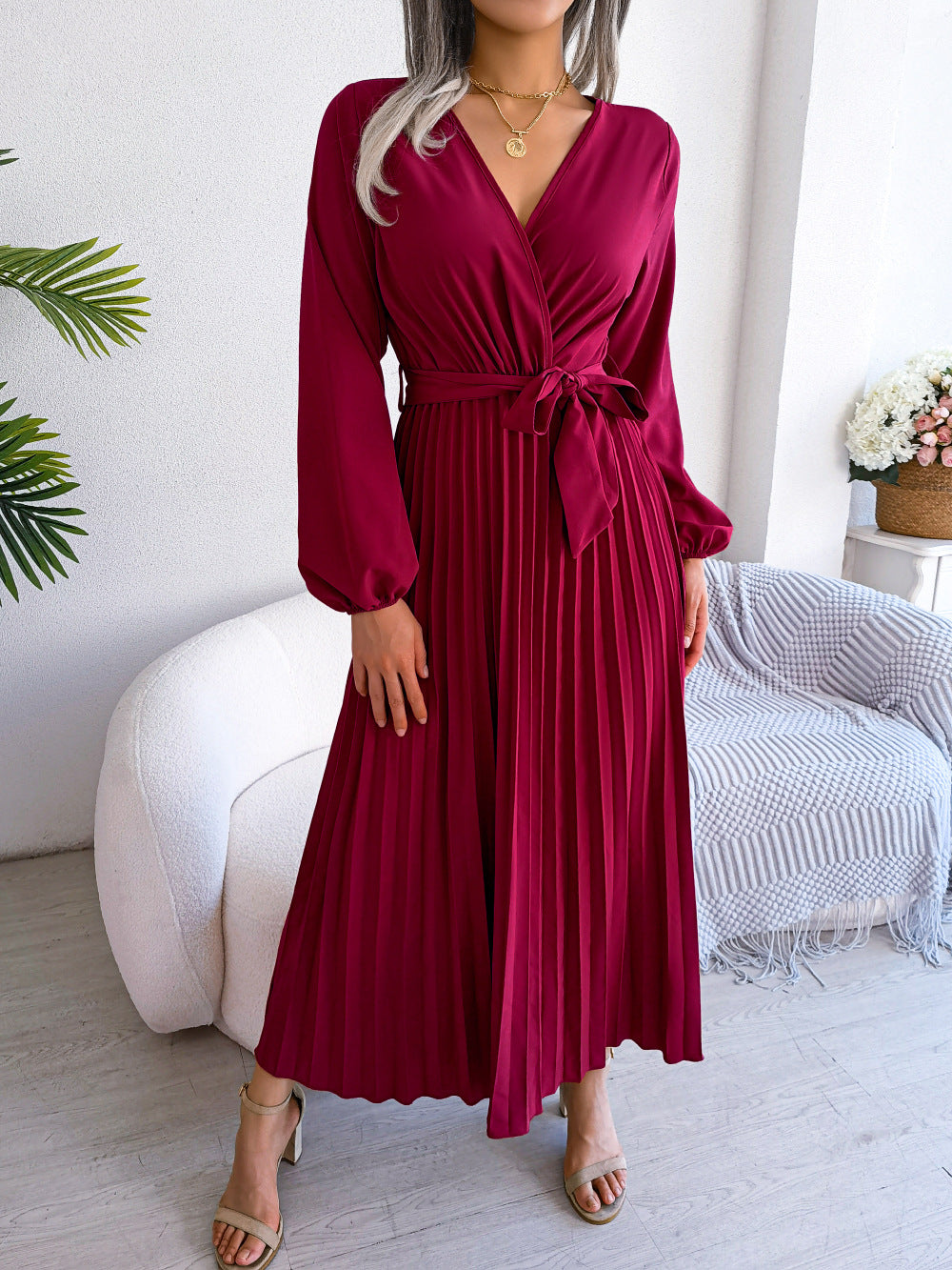 Vestido largo plisado para mujer, prenda con cuello en V cruzado