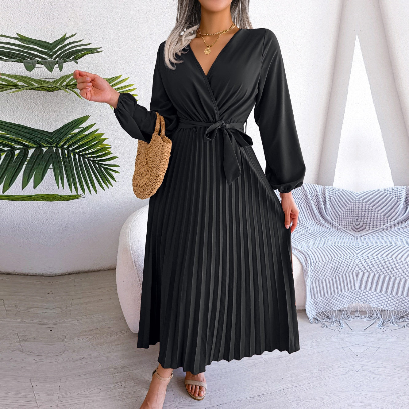 Vestido largo plisado para mujer, prenda con cuello en V cruzado