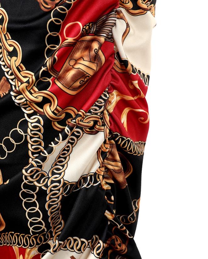 Vestido Midi informal fruncido para mujer, traje con estampado de bufanda y cadena
