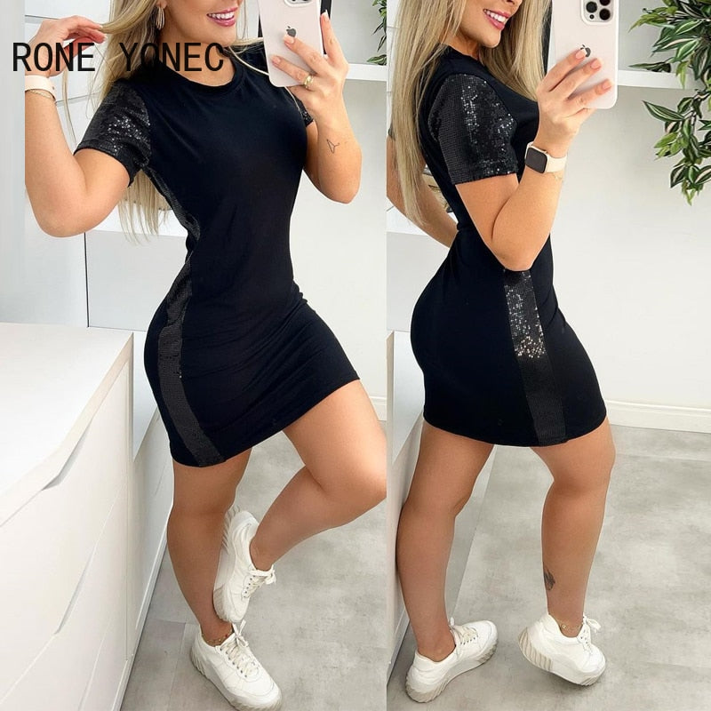 vestidos negros elegantesde manga corta con retales de lentejuelas 
minivestido sexy informal